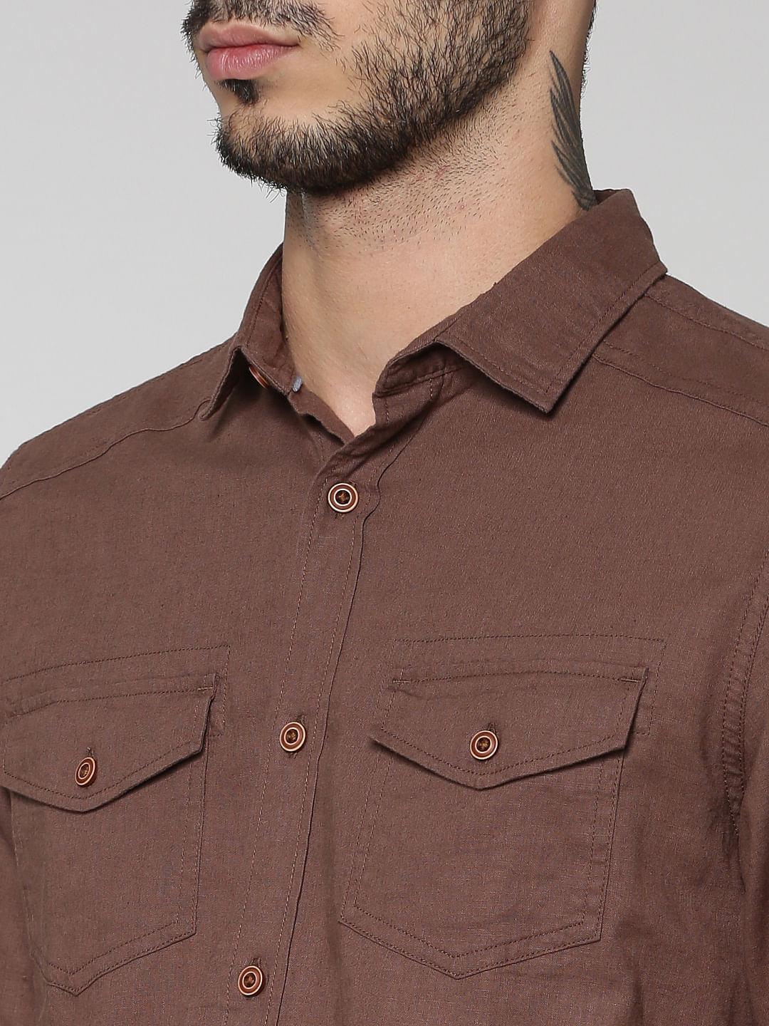 Brown Front Patch Pockets Slim Fit Full Sleeves Shirt