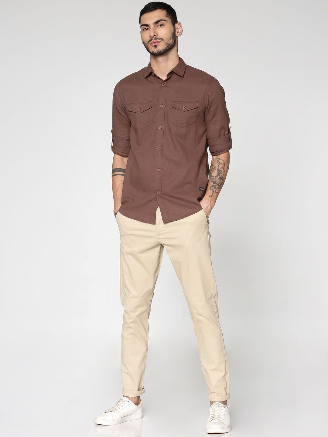 Brown Front Patch Pockets Slim Fit Full Sleeves Shirt