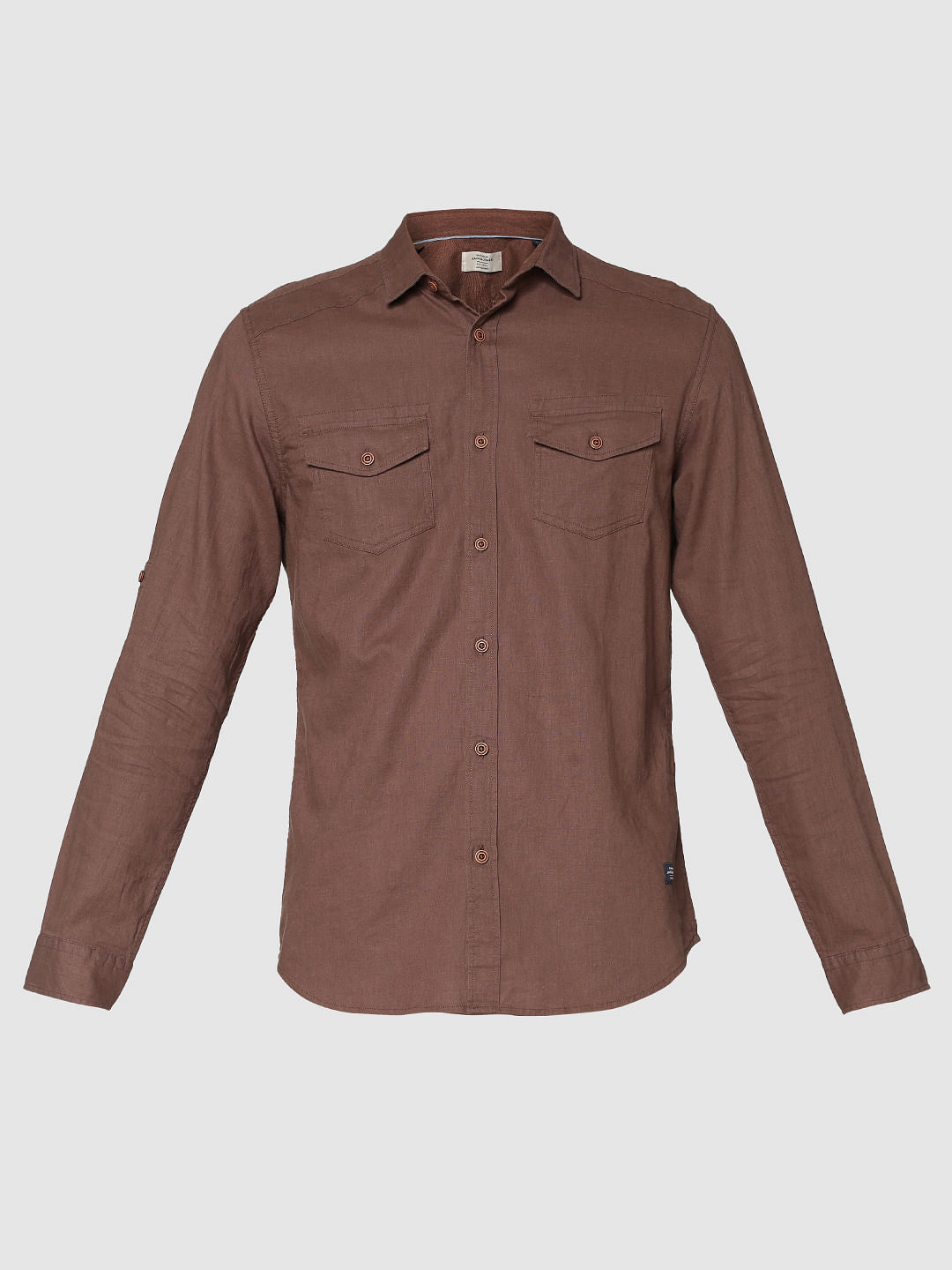 Brown Front Patch Pockets Slim Fit Full Sleeves Shirt