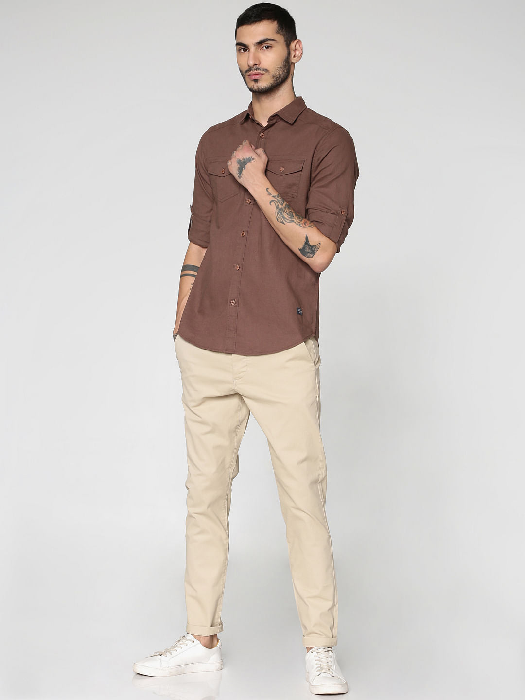 Brown Front Patch Pockets Slim Fit Full Sleeves Shirt