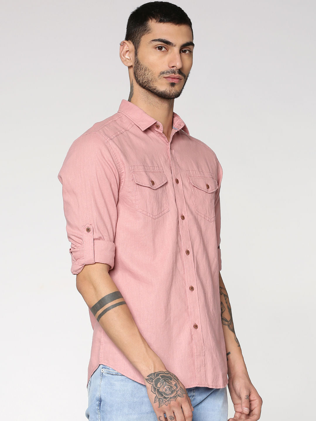 Pink Front Patch Pockets Slim Fit Full Sleeves Shirt
