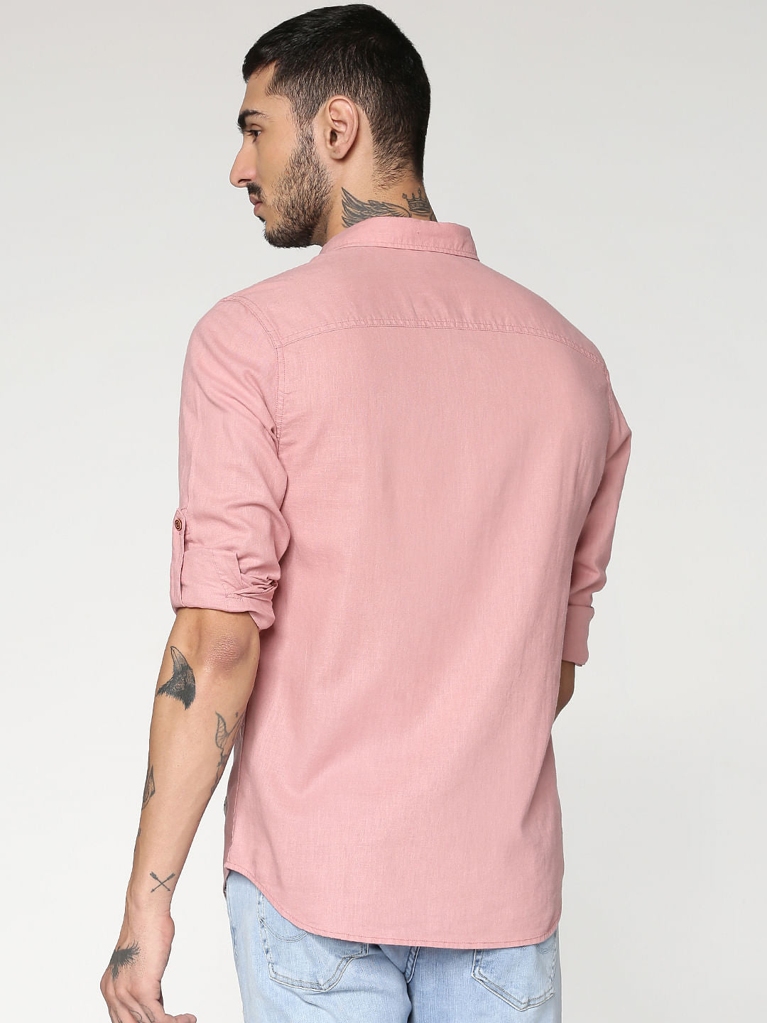 Pink Front Patch Pockets Slim Fit Full Sleeves Shirt