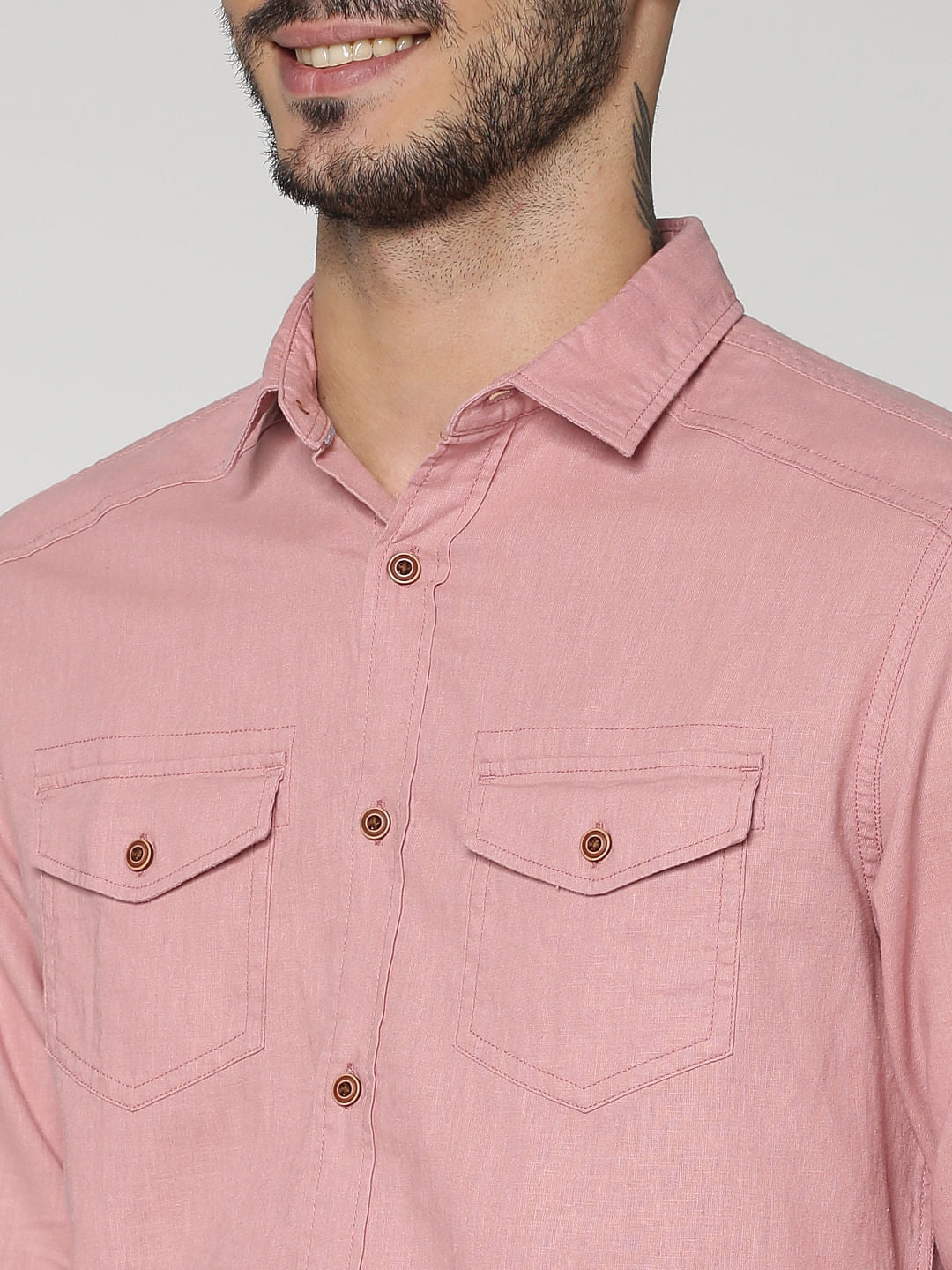 Pink Front Patch Pockets Slim Fit Full Sleeves Shirt