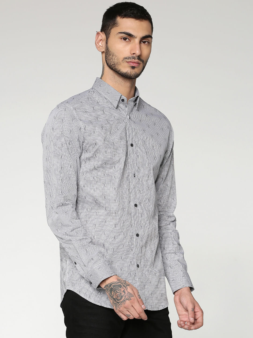 Grey All Over Printed Slim Fit Full Sleeves Shirt
