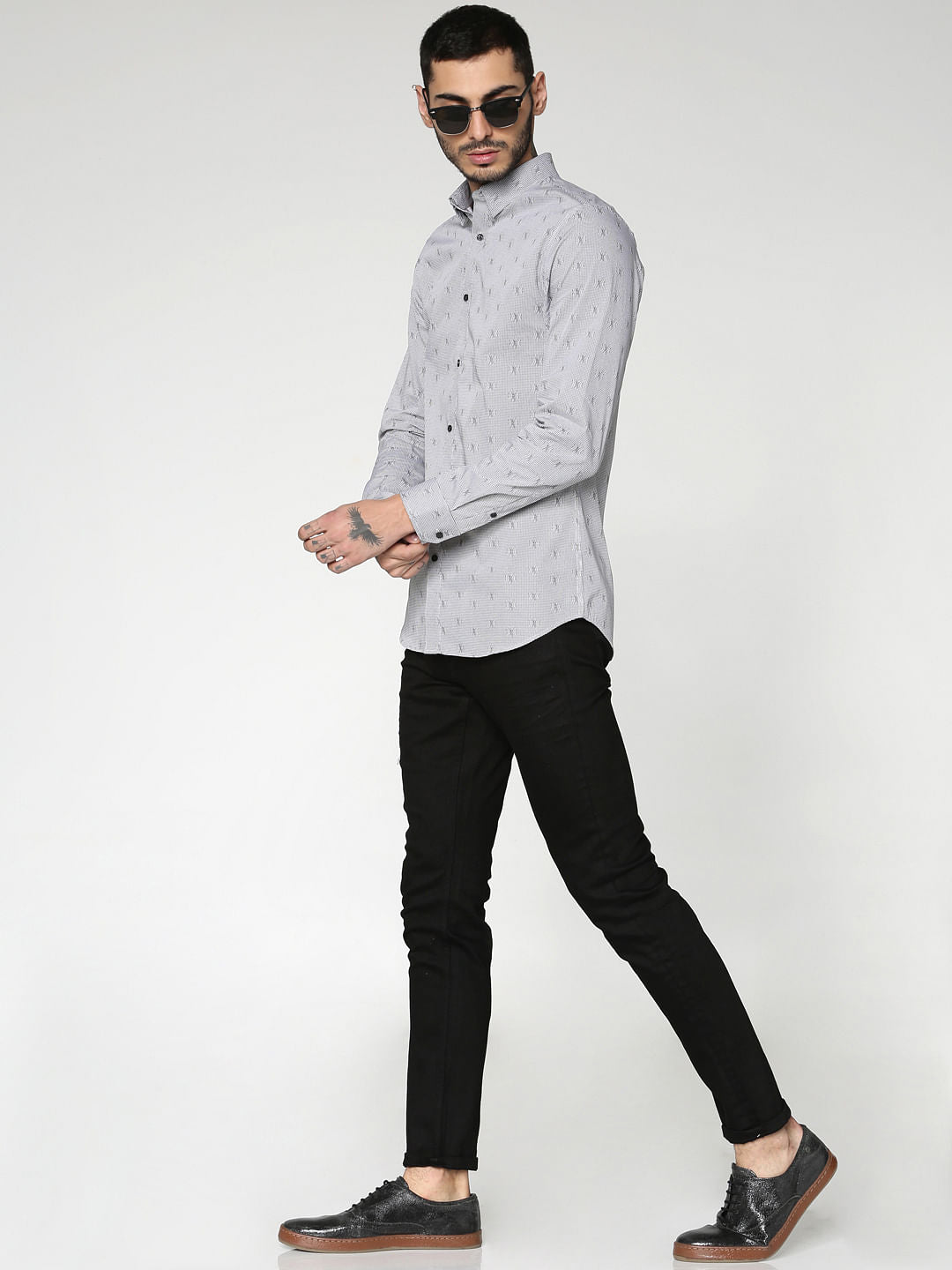 Grey All Over Printed Slim Fit Full Sleeves Shirt