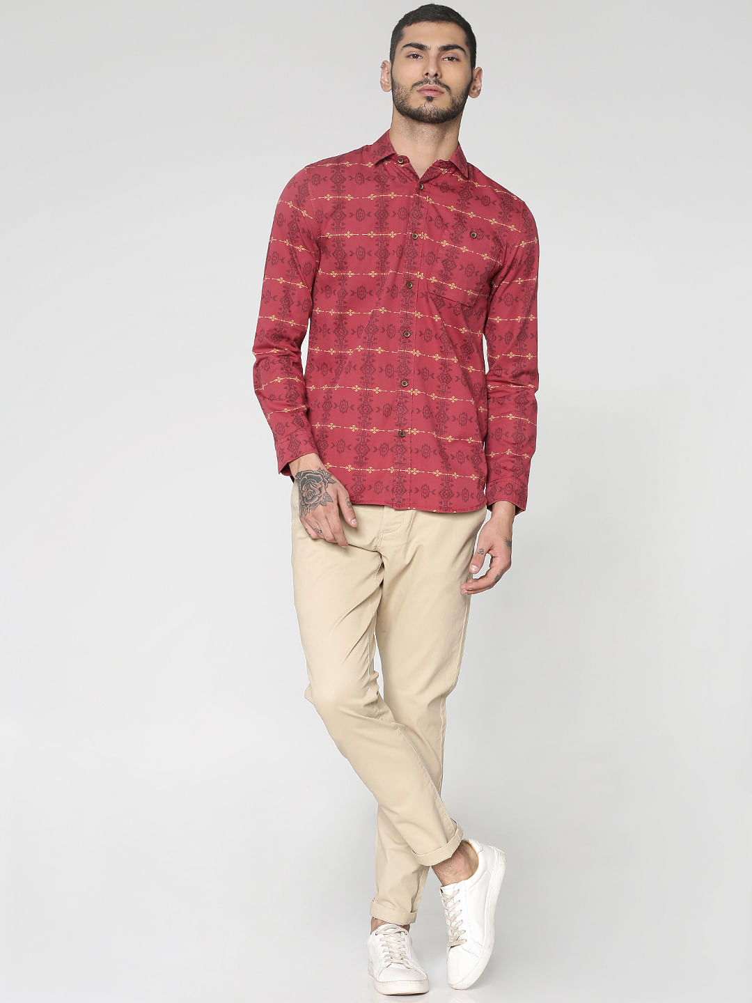 Red All Over Abstract Print Slim Fit Full Sleeves Shirt