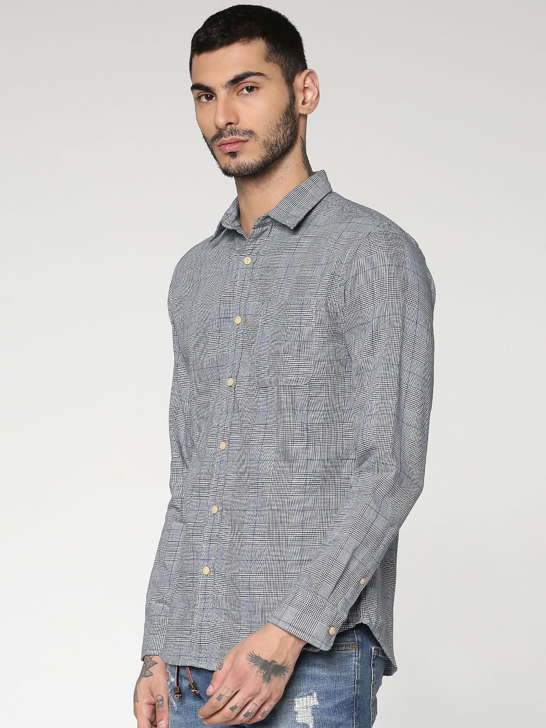 Grey Checks Slim Fit Full Sleeves Shirt
