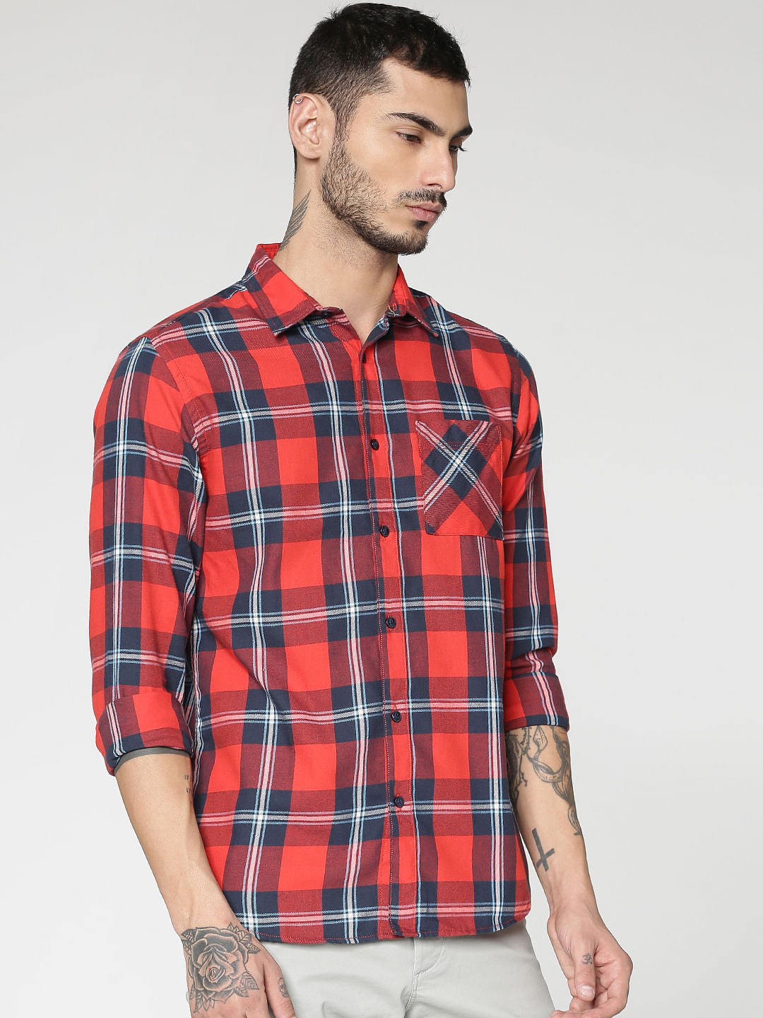 Red Checks Slim Fit Full Sleeves Shirt