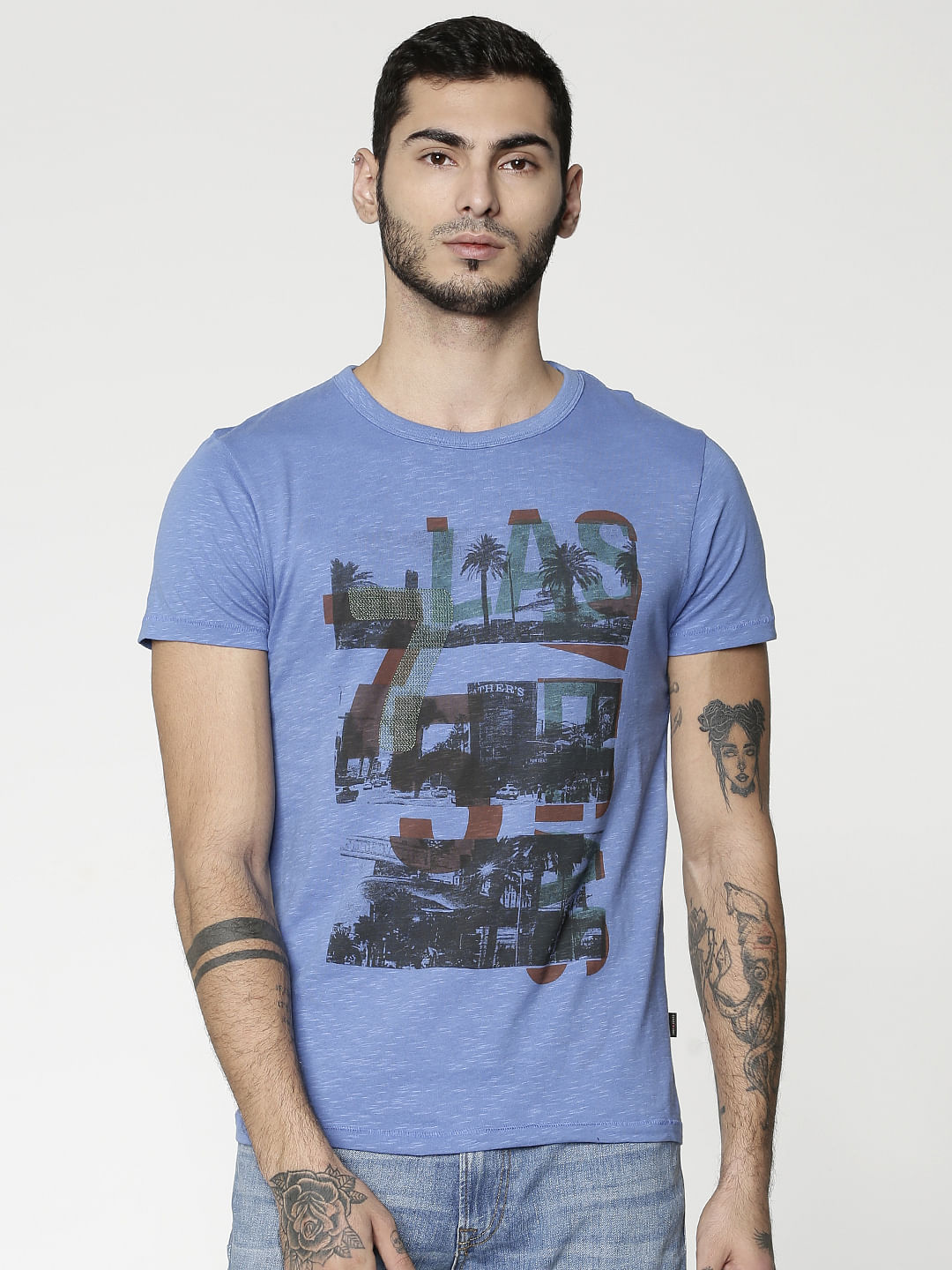 Blue Graphic Print Slim Fit Crew Neck T-Shirt