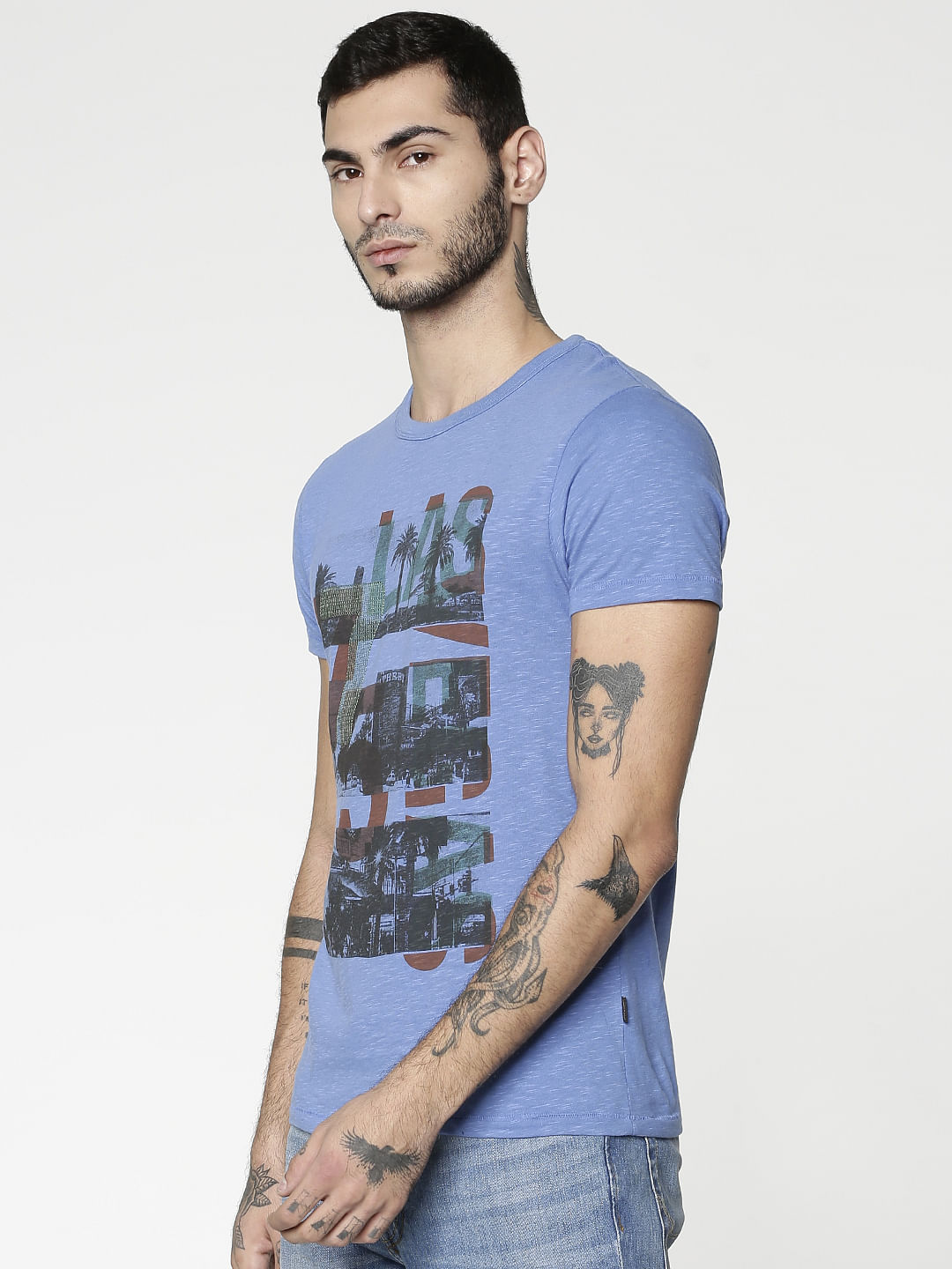 Blue Graphic Print Slim Fit Crew Neck T-Shirt