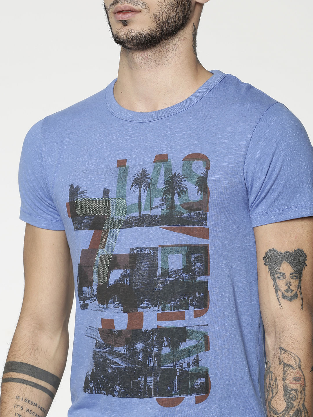 Blue Graphic Print Slim Fit Crew Neck T-Shirt