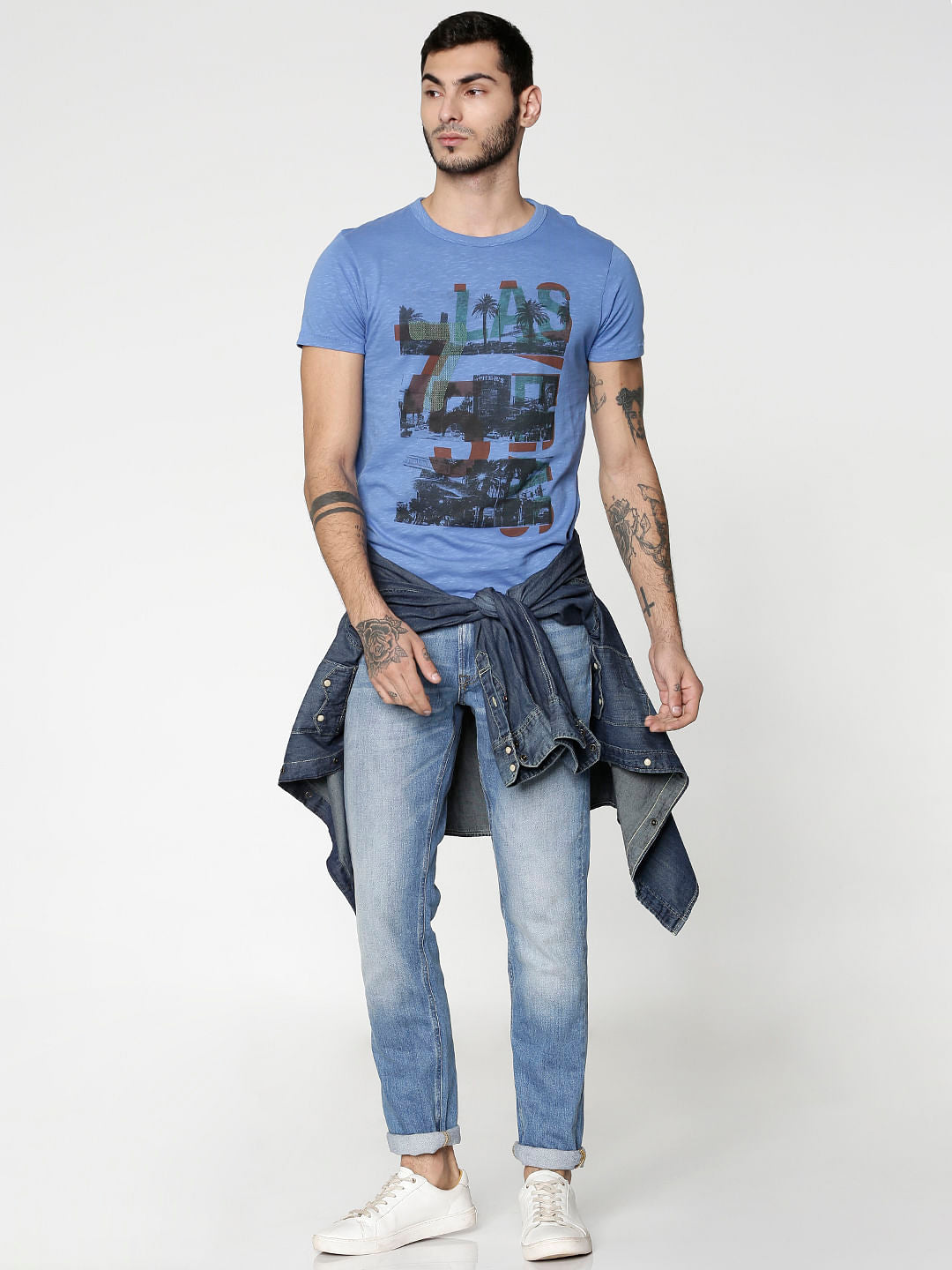 Blue Graphic Print Slim Fit Crew Neck T-Shirt