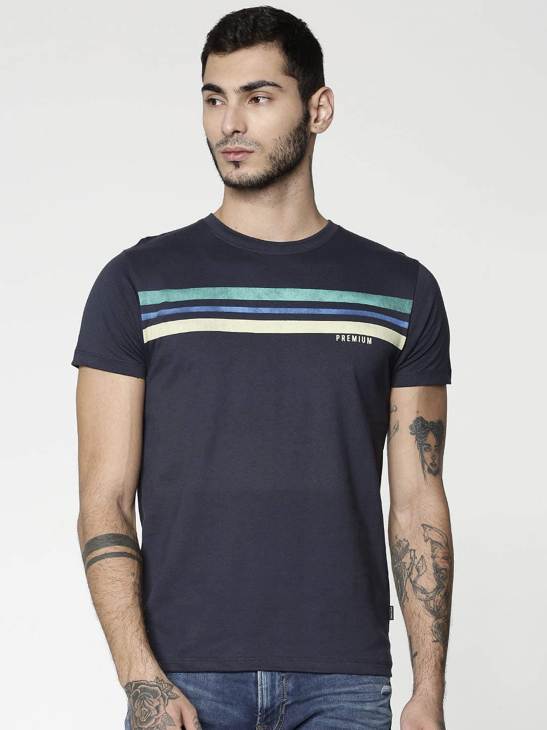 Blue Colour Blocked Striped Print Slim Fit Crew Neck T-Shirt