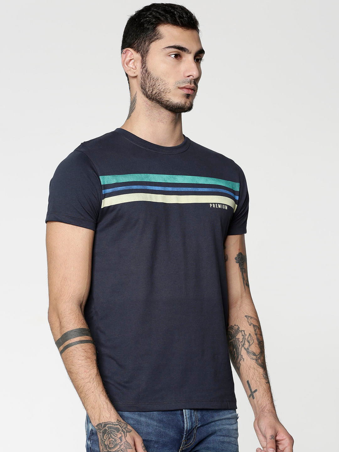Blue Colour Blocked Striped Print Slim Fit Crew Neck T-Shirt