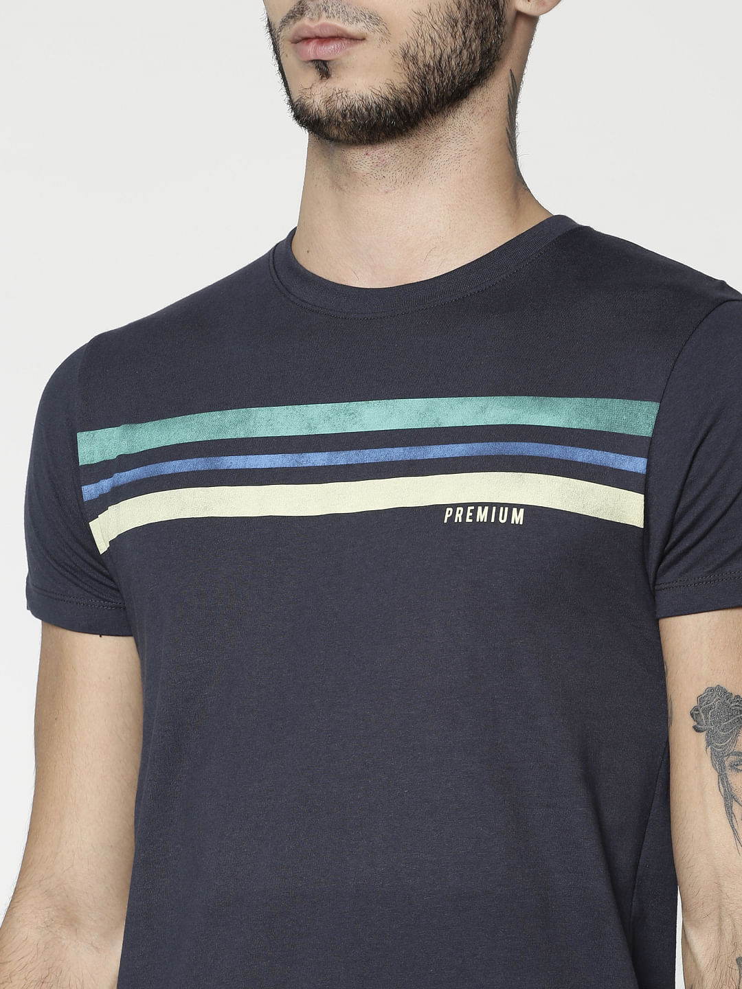 Blue Colour Blocked Striped Print Slim Fit Crew Neck T-Shirt