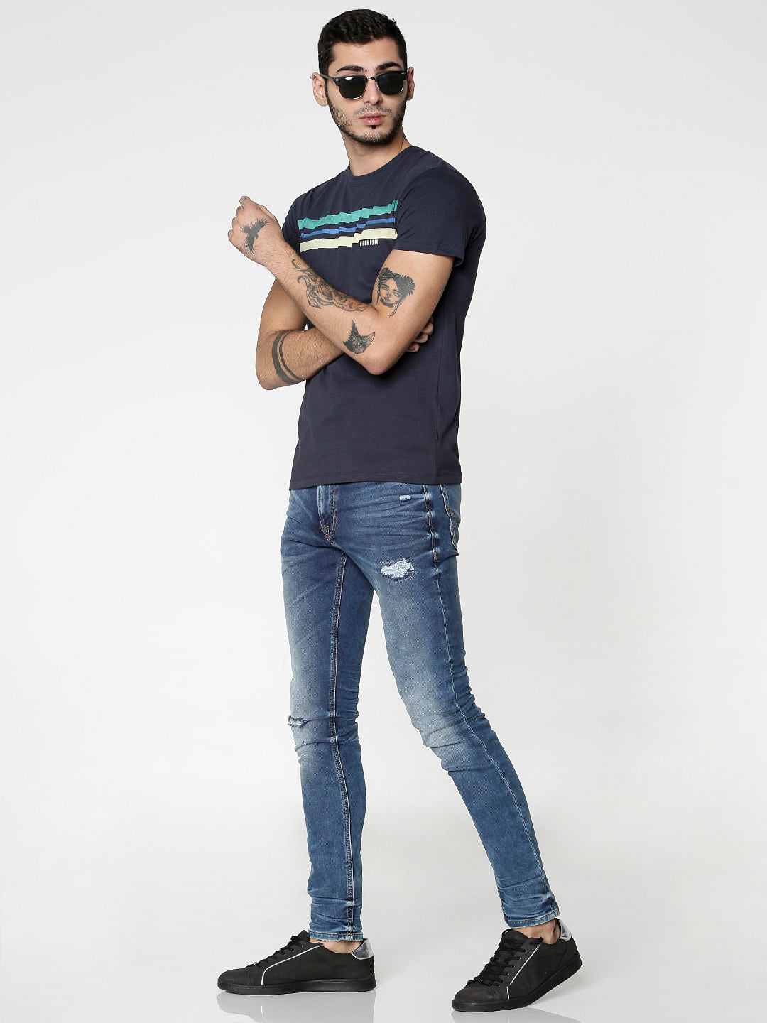Blue Colour Blocked Striped Print Slim Fit Crew Neck T-Shirt