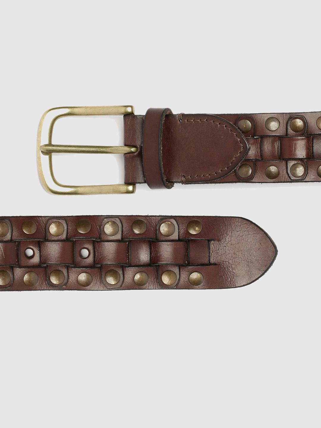 Brown Studded Pleated Leather Belt