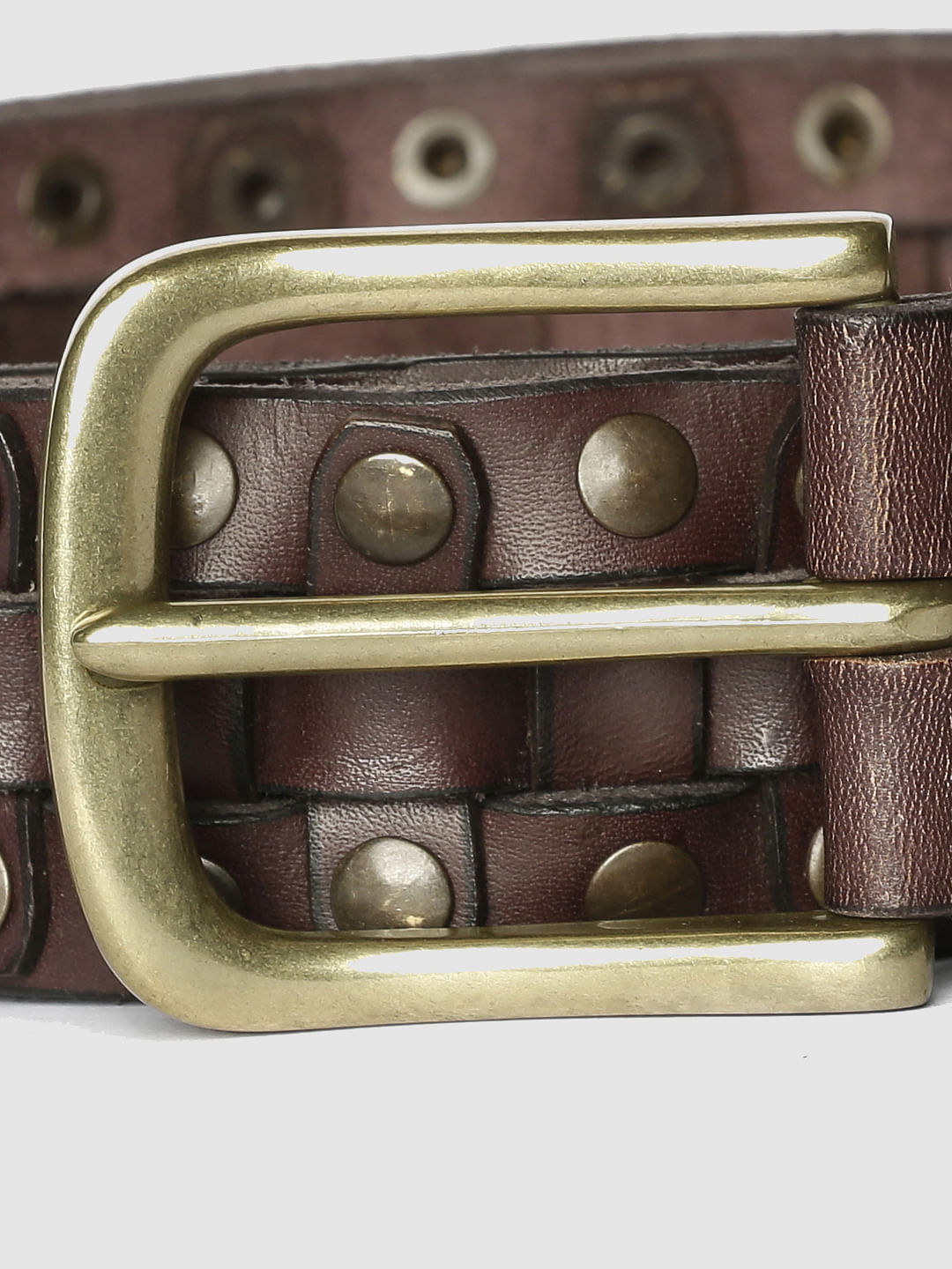 Brown Studded Pleated Leather Belt