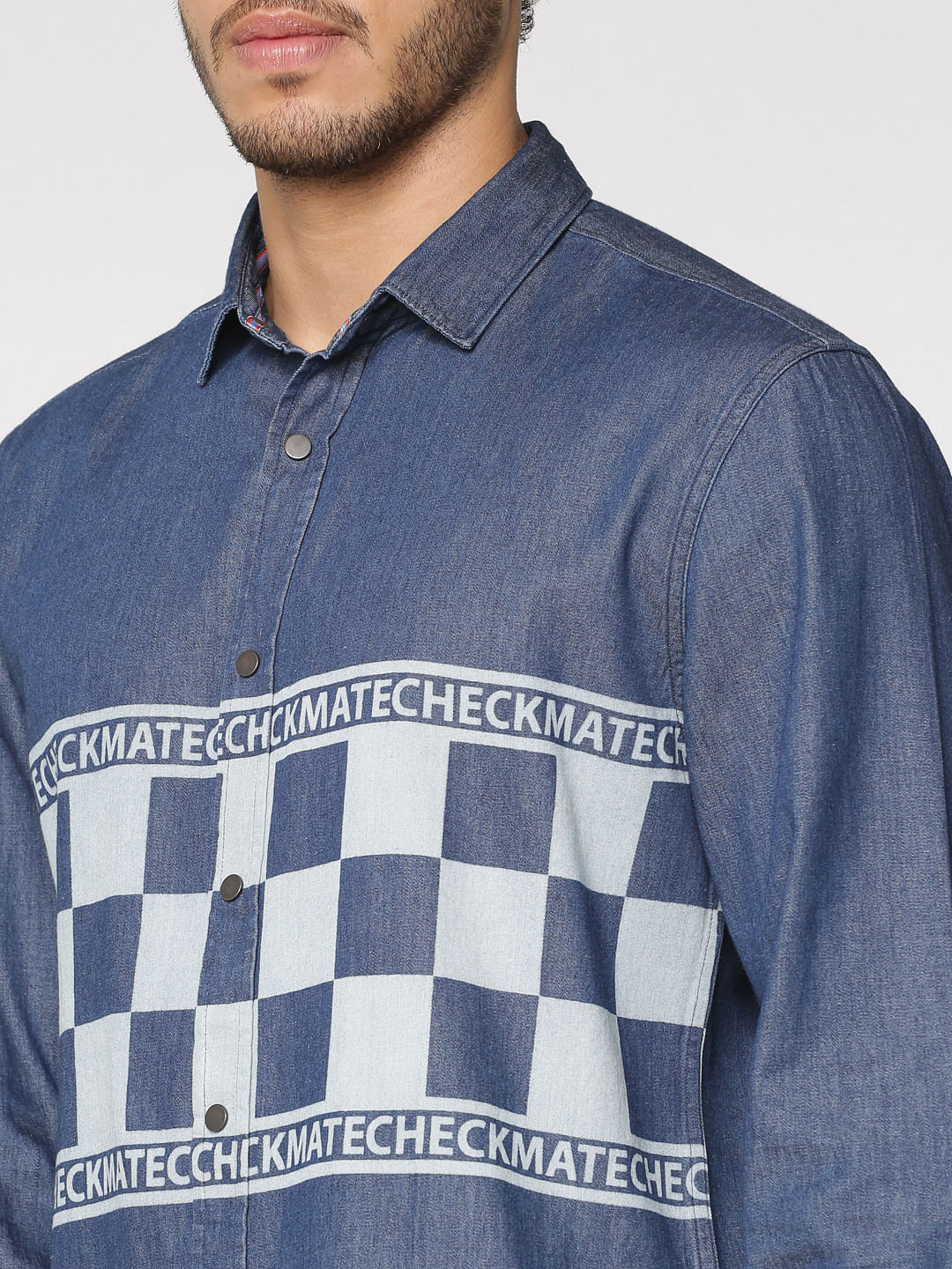 Blue Graphic Print Slim Fit Full Sleeves Denim Shirt