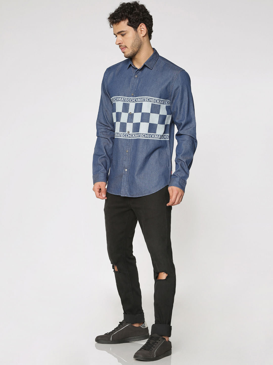 Blue Graphic Print Slim Fit Full Sleeves Denim Shirt