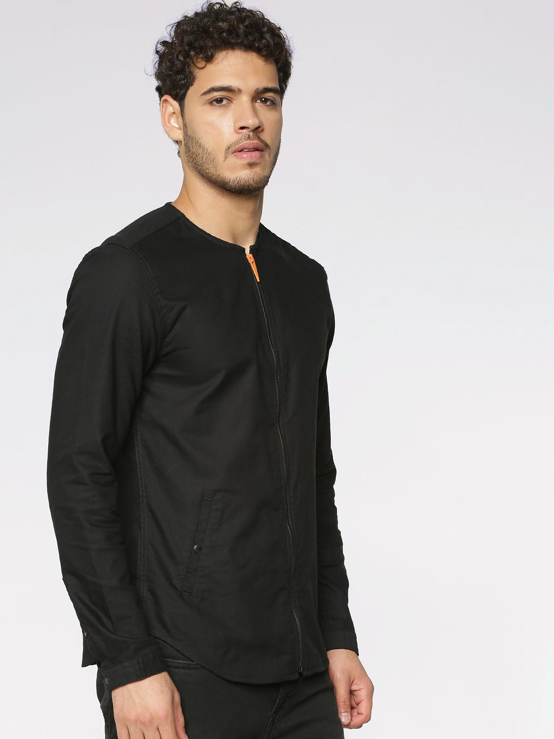Black Front Zip Up Slim Fit Full Sleeves Overshirt