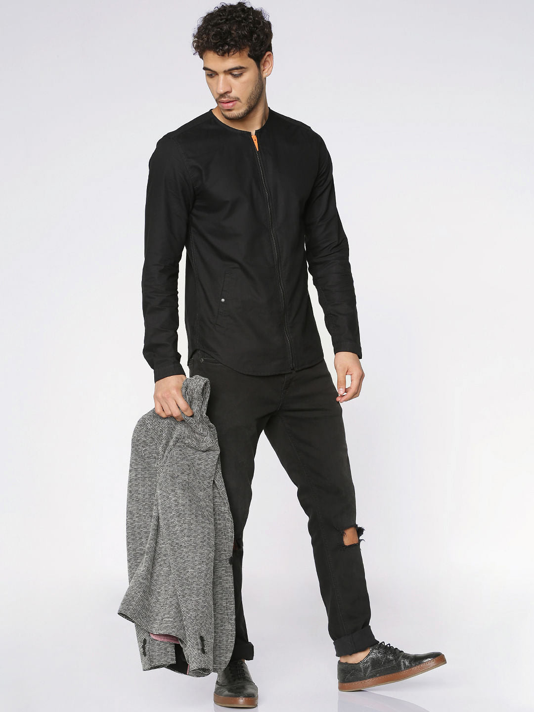 Black Front Zip Up Slim Fit Full Sleeves Overshirt