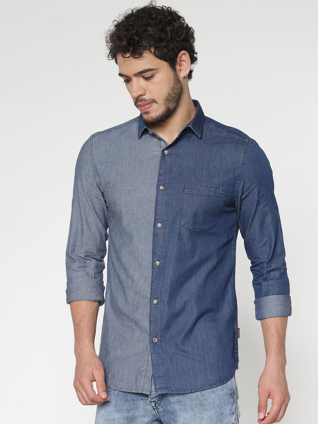 Blue Colour Blocked Slim Fit Denim Full Sleeves Shirt