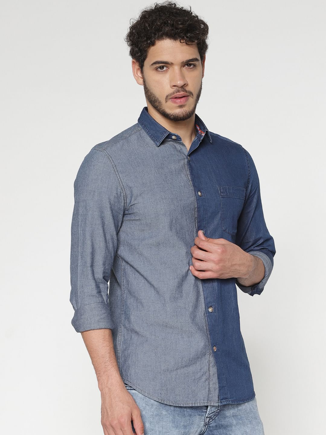 Blue Colour Blocked Slim Fit Denim Full Sleeves Shirt