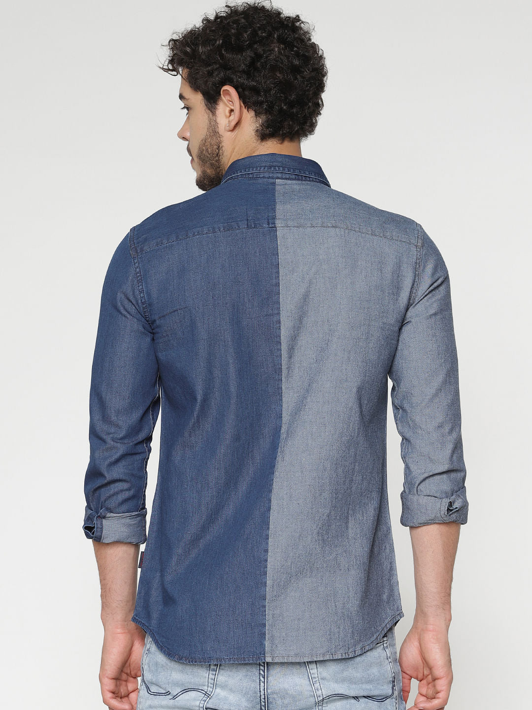 Blue Colour Blocked Slim Fit Denim Full Sleeves Shirt