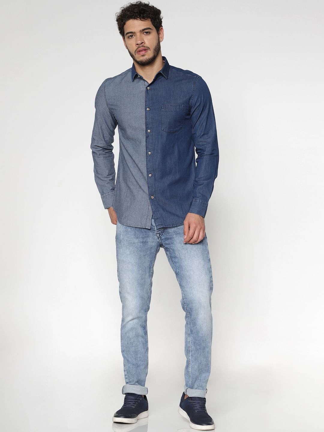 Blue Colour Blocked Slim Fit Denim Full Sleeves Shirt
