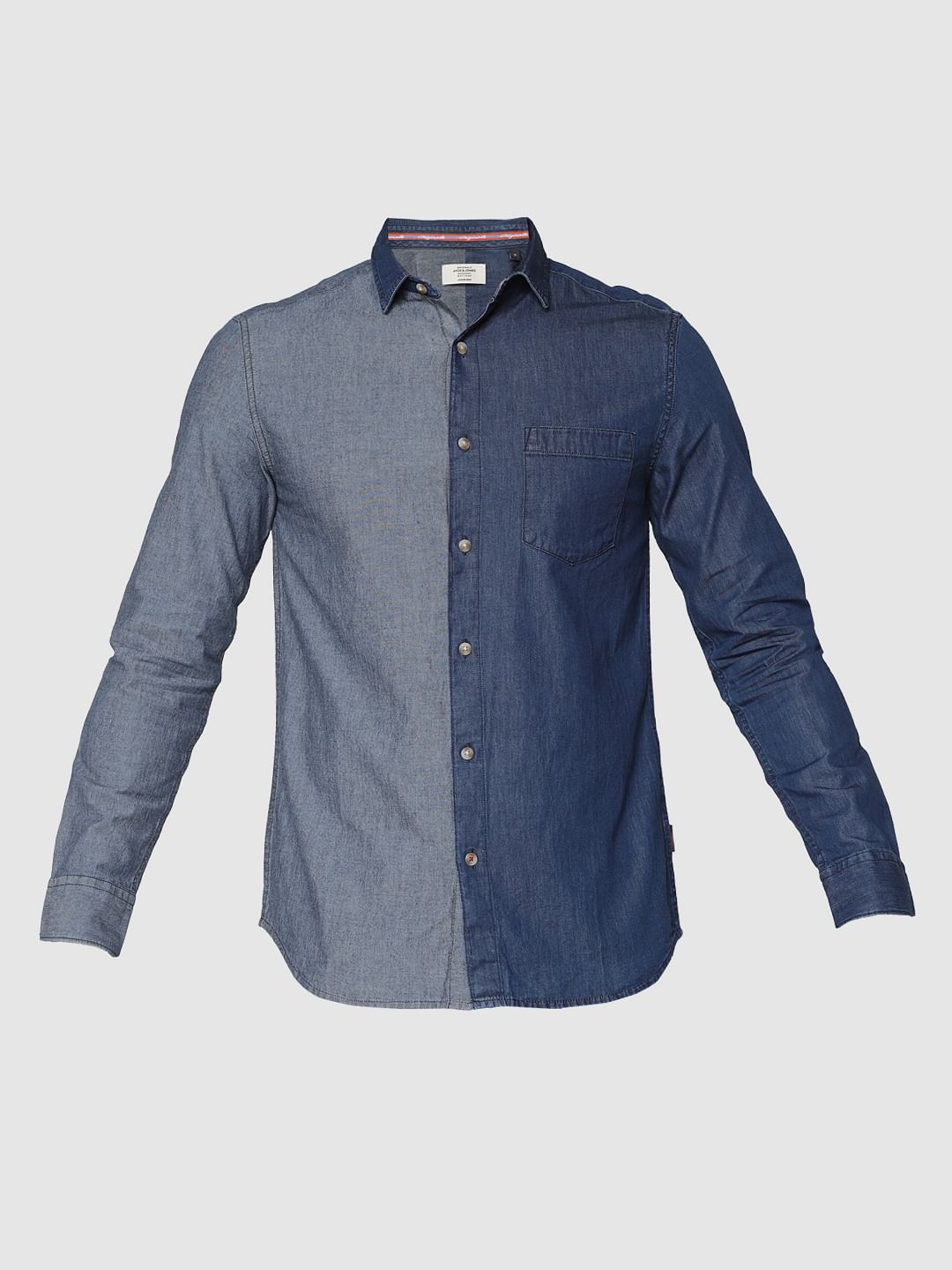 Blue Colour Blocked Slim Fit Denim Full Sleeves Shirt
