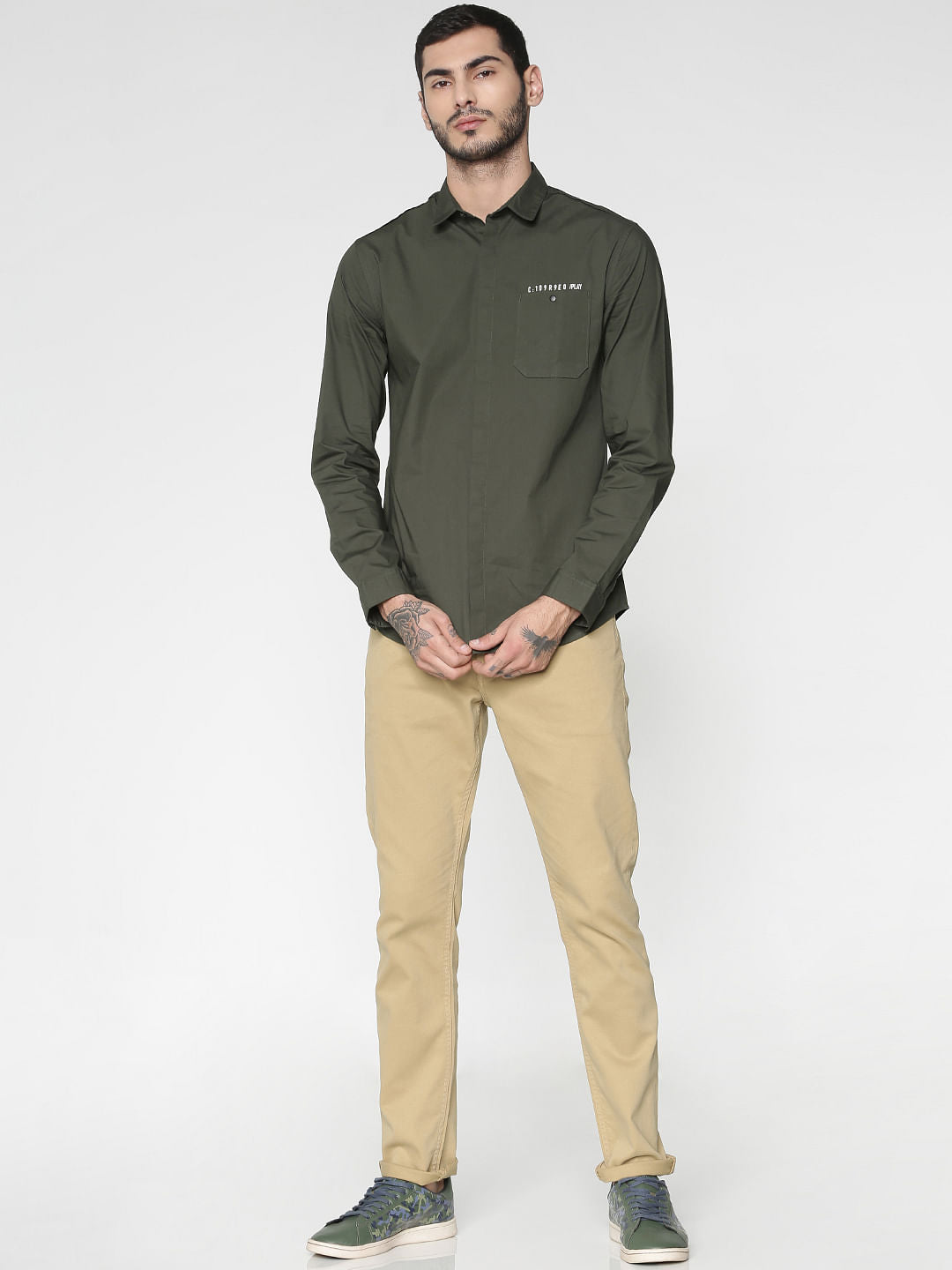 Green Text Print Patch Pocket Slim Fit Full Sleeves Shirt