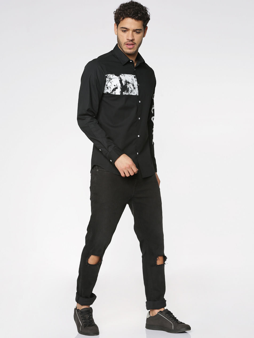 Black Graphic Print Slim Fit Full Sleeves Shirt