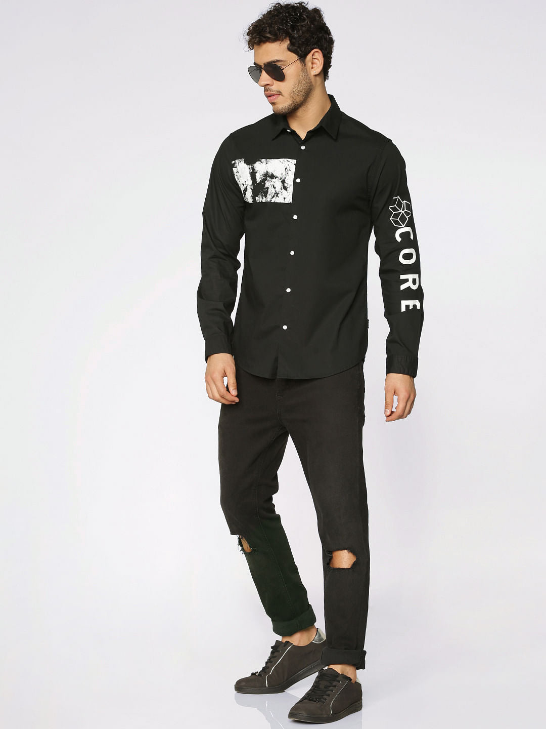 Black Graphic Print Slim Fit Full Sleeves Shirt