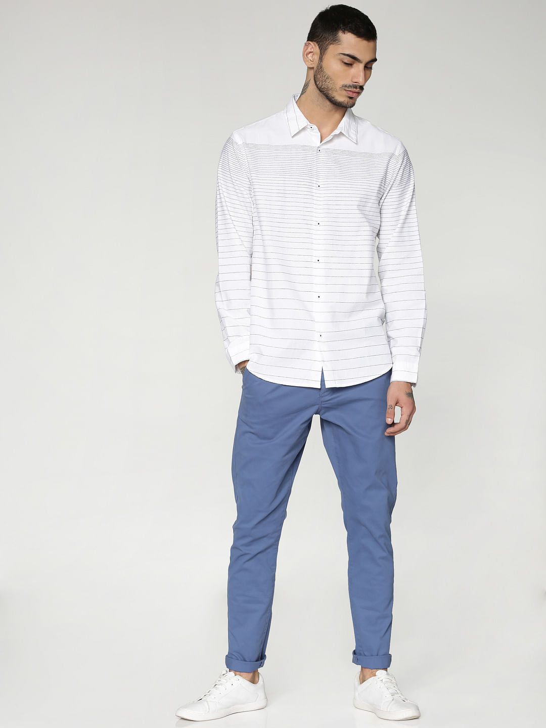 White Striped Slim Fit Full Sleeves Shirt