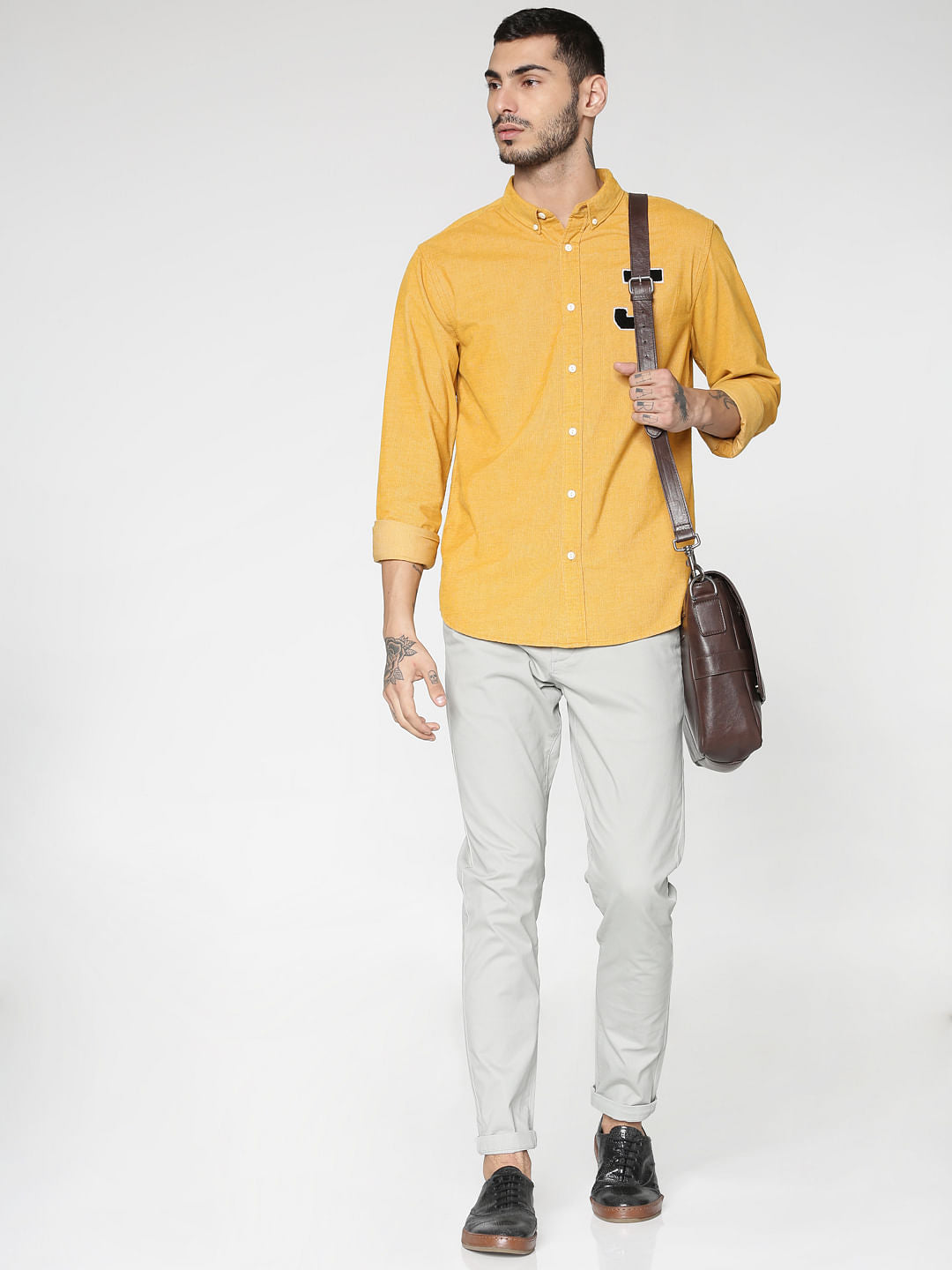 Yellow Patch Print Slim Fit Full Sleeves Shirt