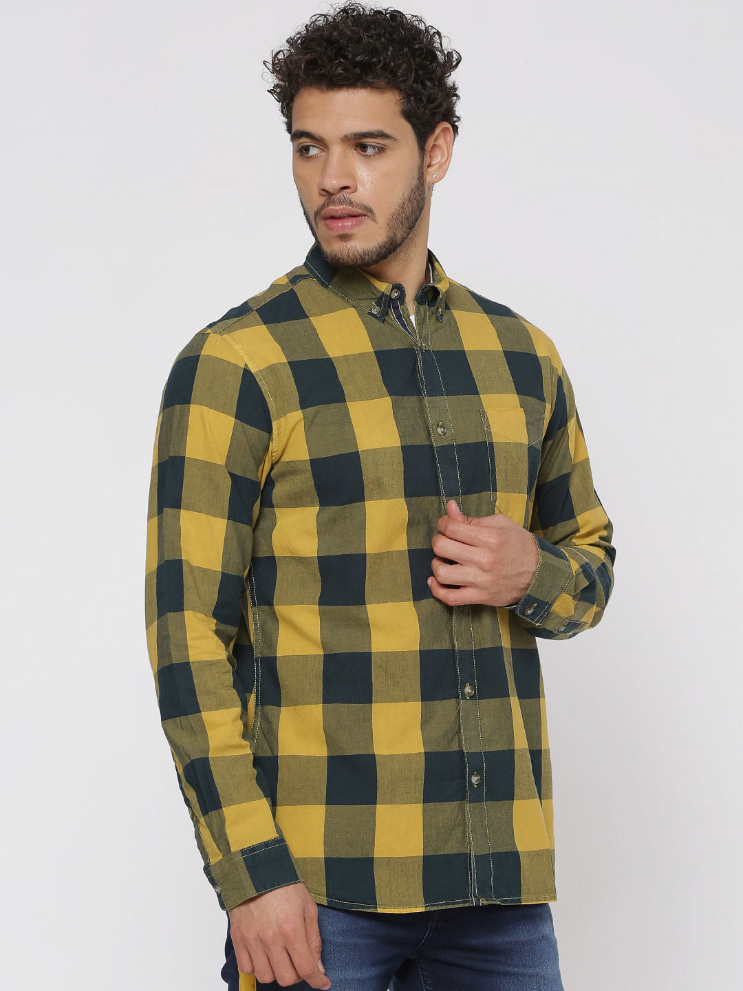 Yellow Checks Regular Fit Full Sleeves Shirt