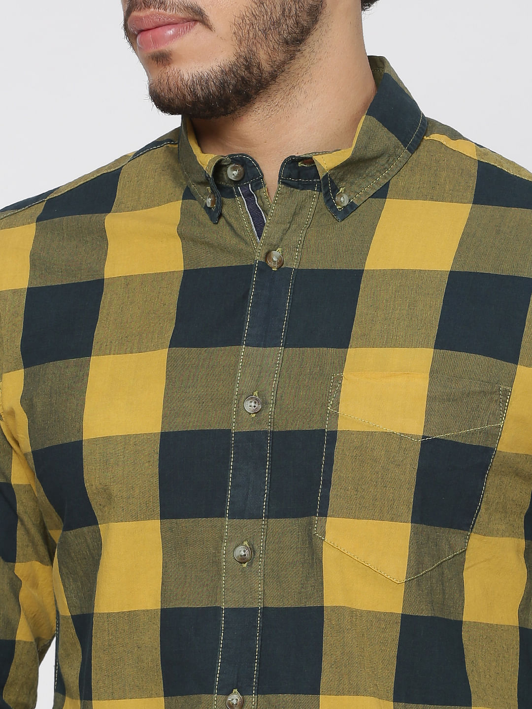 Yellow Checks Regular Fit Full Sleeves Shirt