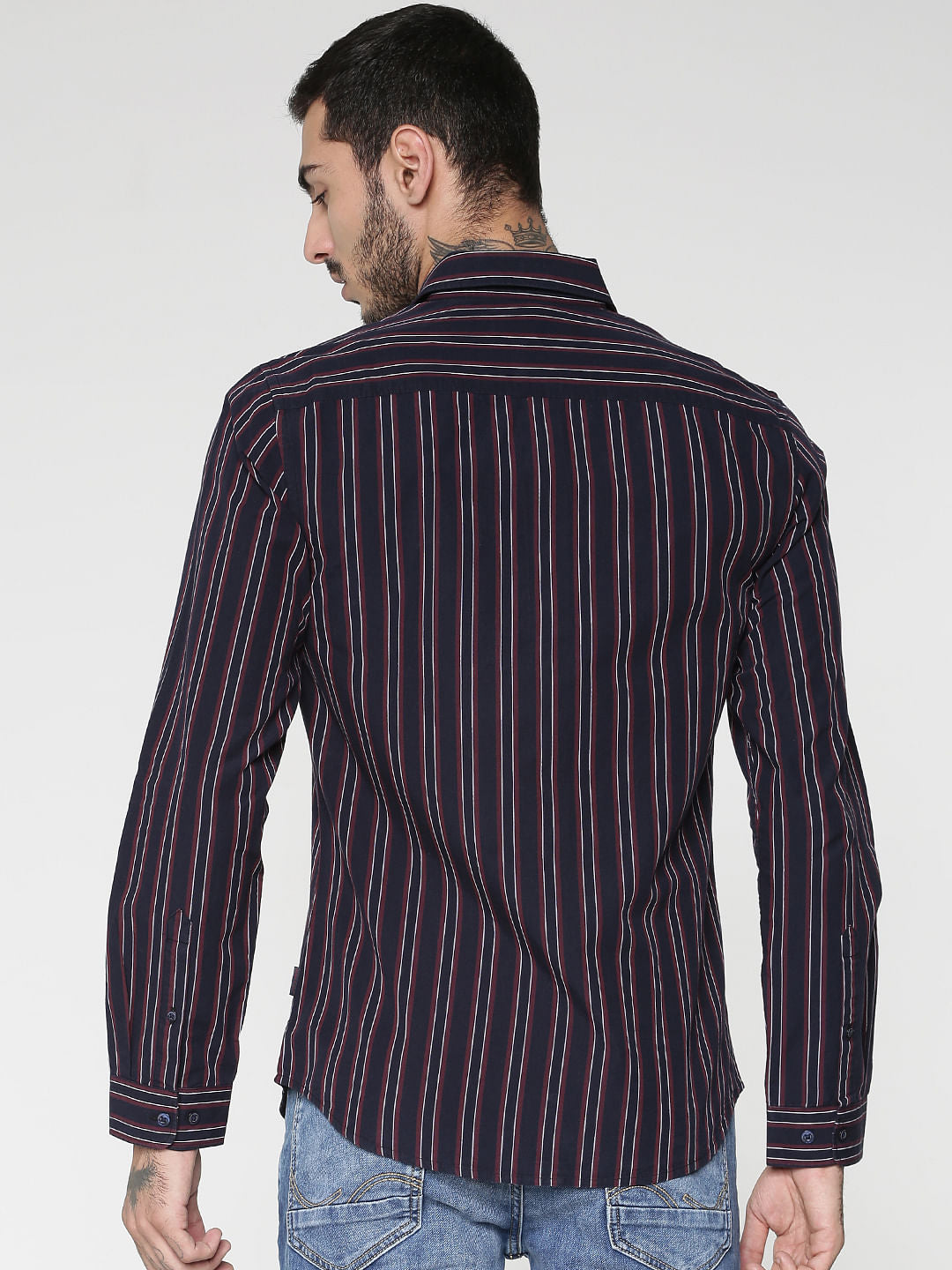 Purple Striped Patch Pocket Slim Fit Full Sleeves Shirt