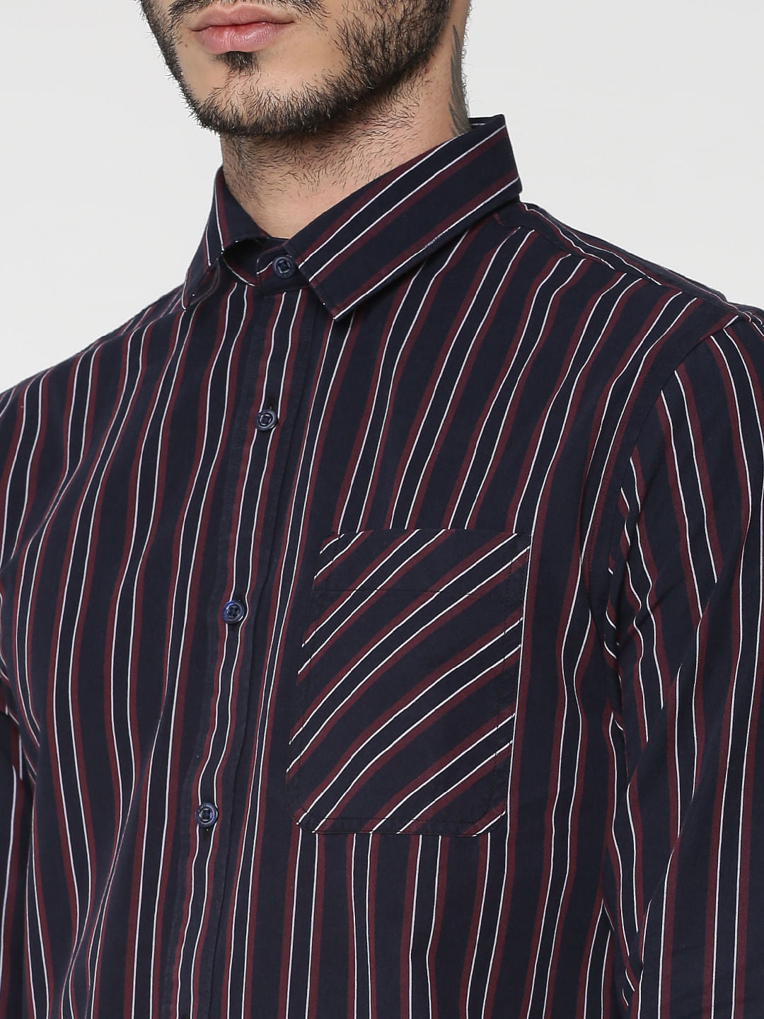 Purple Striped Patch Pocket Slim Fit Full Sleeves Shirt