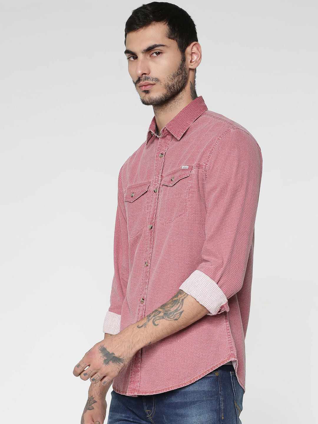 Red Textured Washed Effect Regular Fit Full Sleeves Shirt
