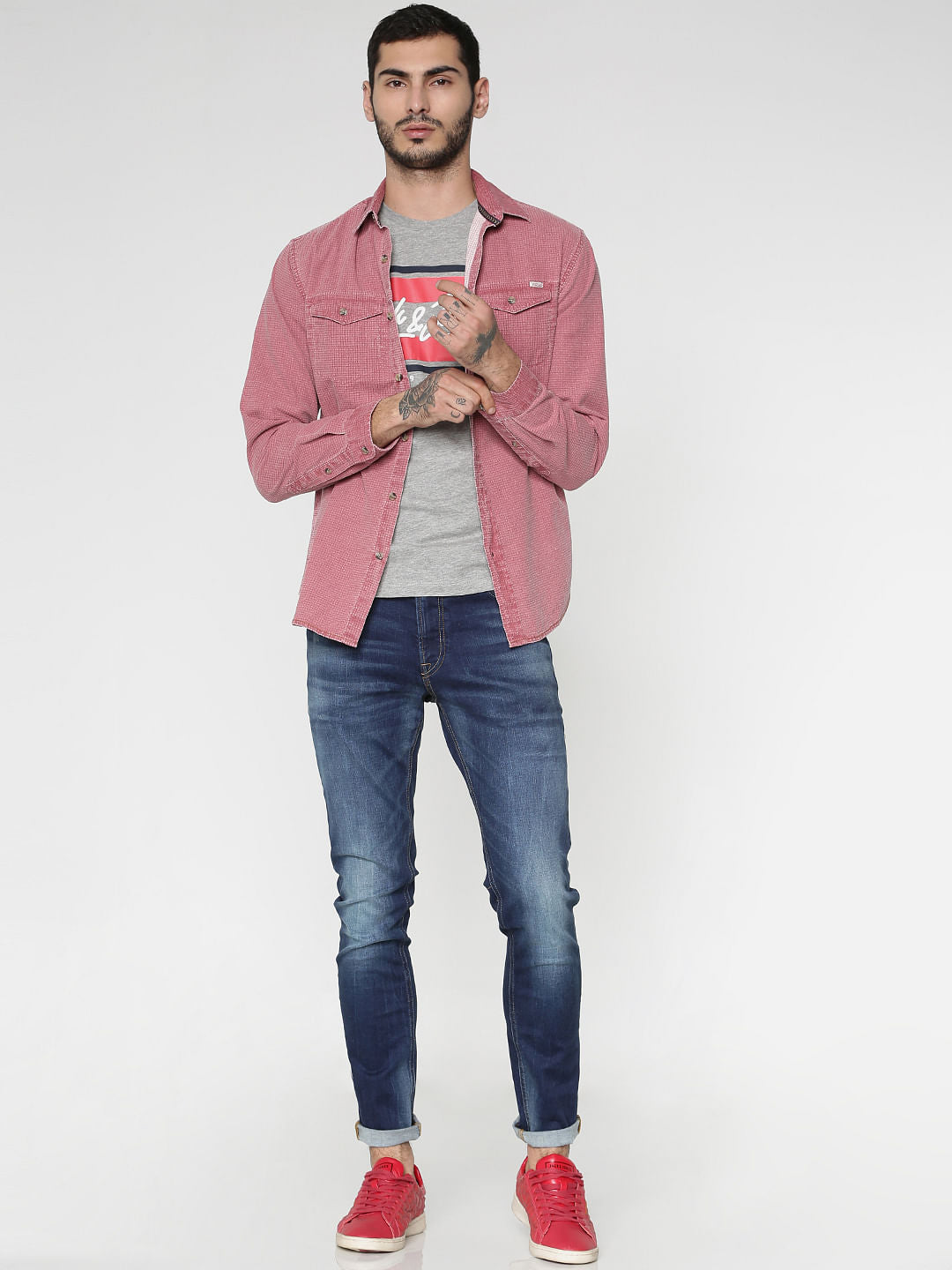 Red Textured Washed Effect Regular Fit Full Sleeves Shirt
