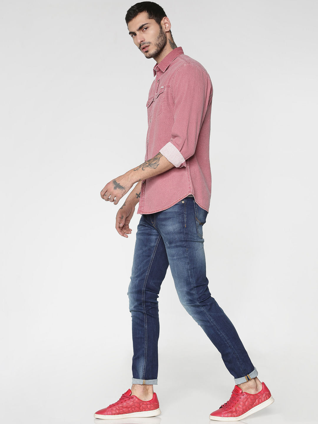 Red Textured Washed Effect Regular Fit Full Sleeves Shirt