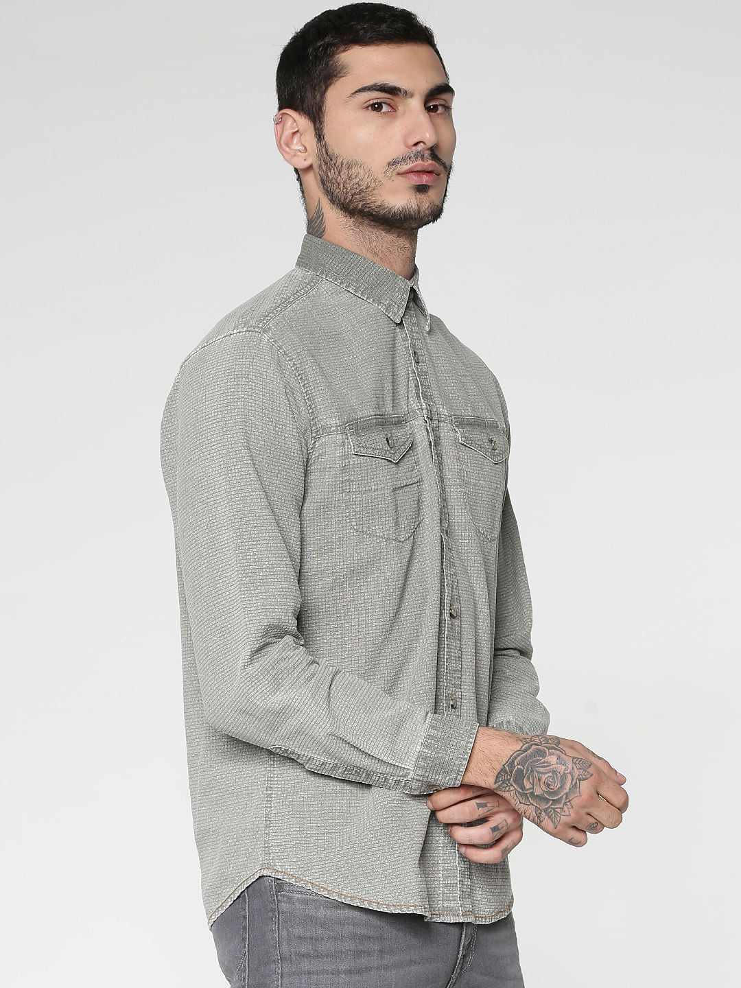 Green Textured Washed Effect Regular Fit Full Sleeves Shirt
