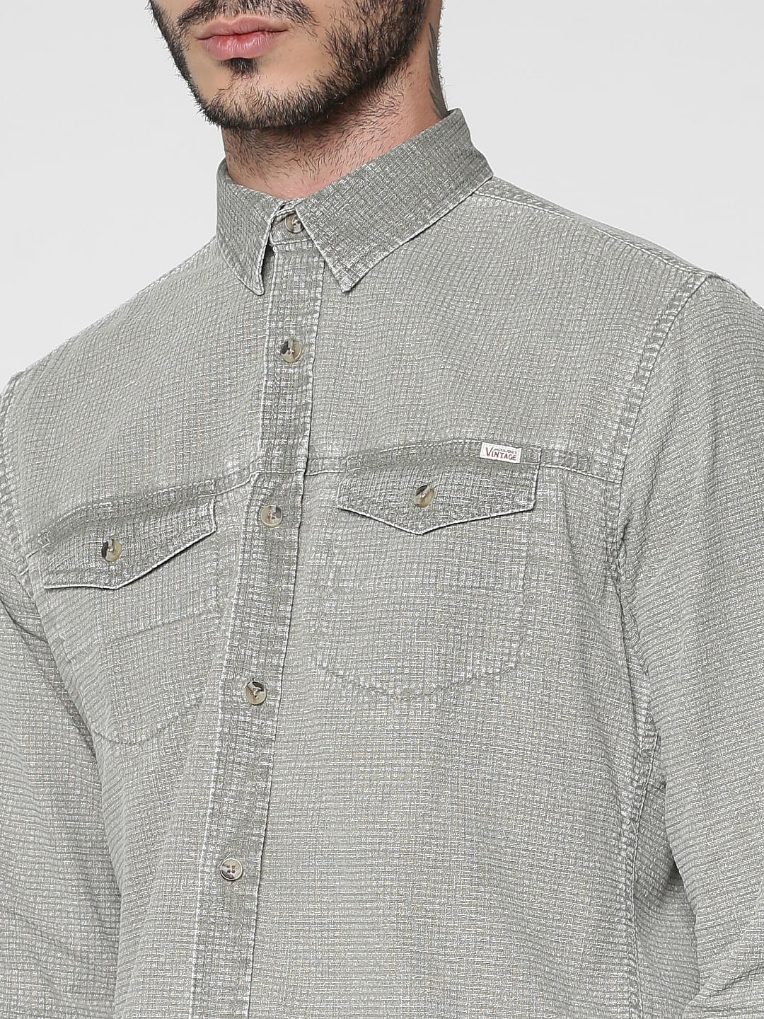 Green Textured Washed Effect Regular Fit Full Sleeves Shirt