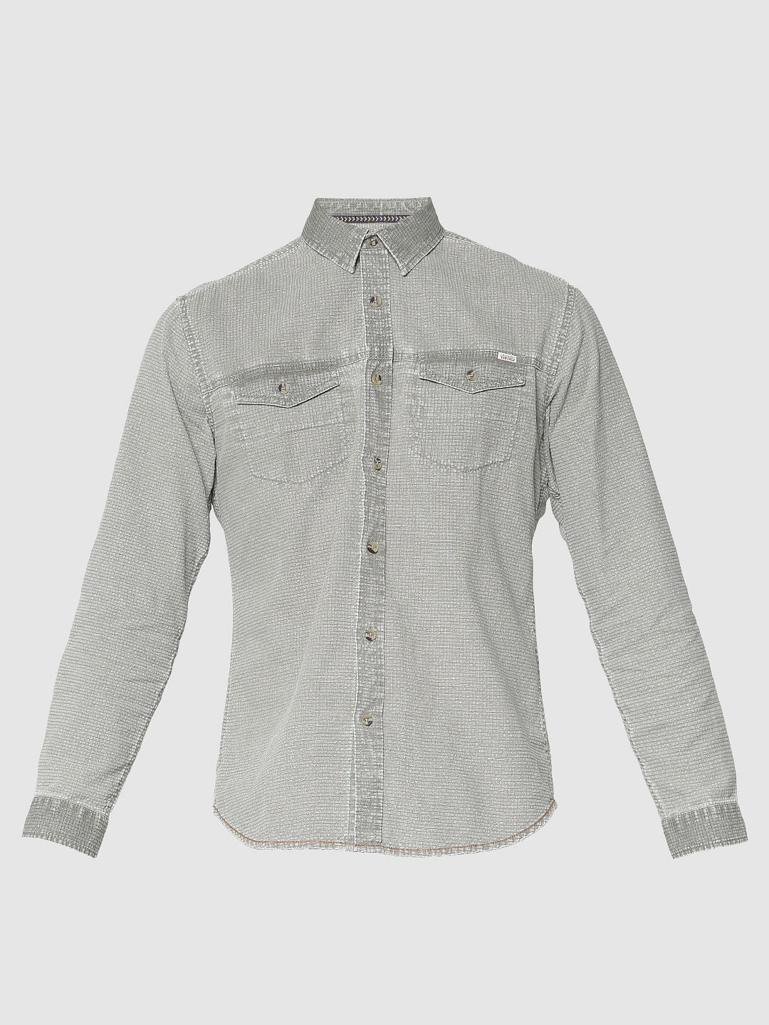 Green Textured Washed Effect Regular Fit Full Sleeves Shirt