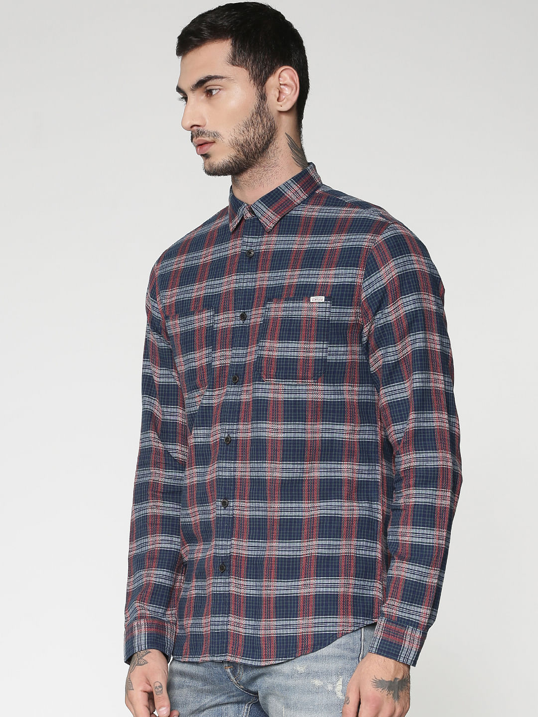 Blue Checks Patch Pocket Slim Fit Full Sleeves Shirt
