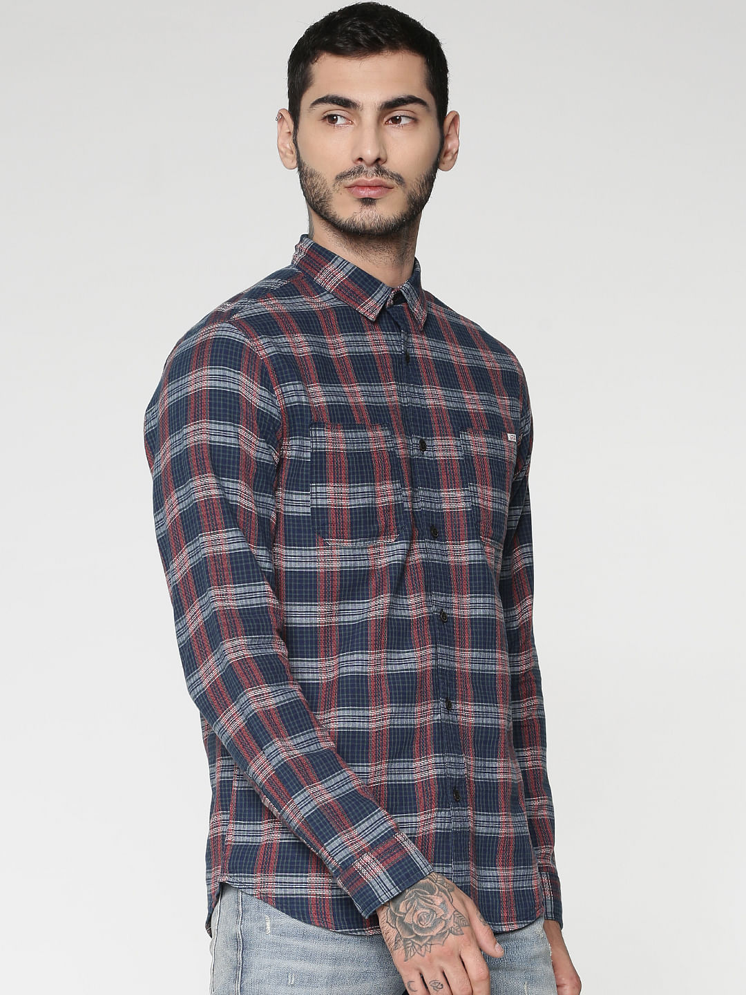 Blue Checks Patch Pocket Slim Fit Full Sleeves Shirt
