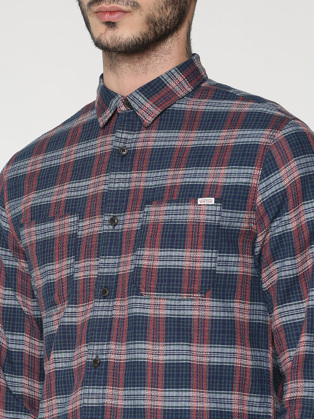 Blue Checks Patch Pocket Slim Fit Full Sleeves Shirt