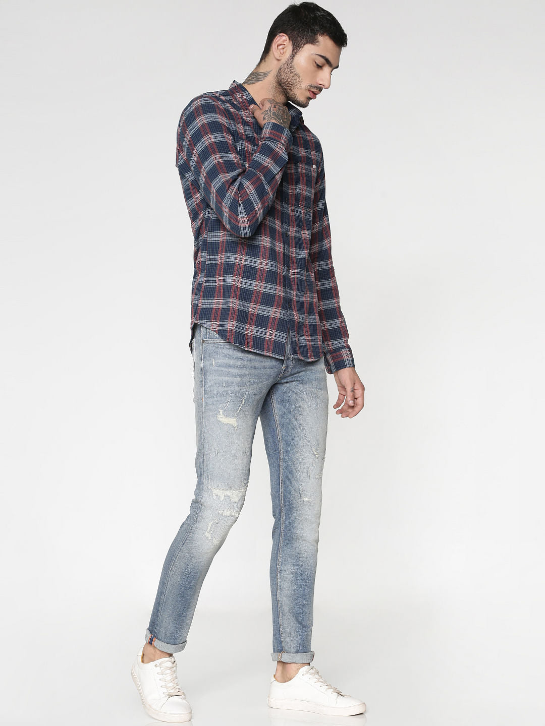 Blue Checks Patch Pocket Slim Fit Full Sleeves Shirt
